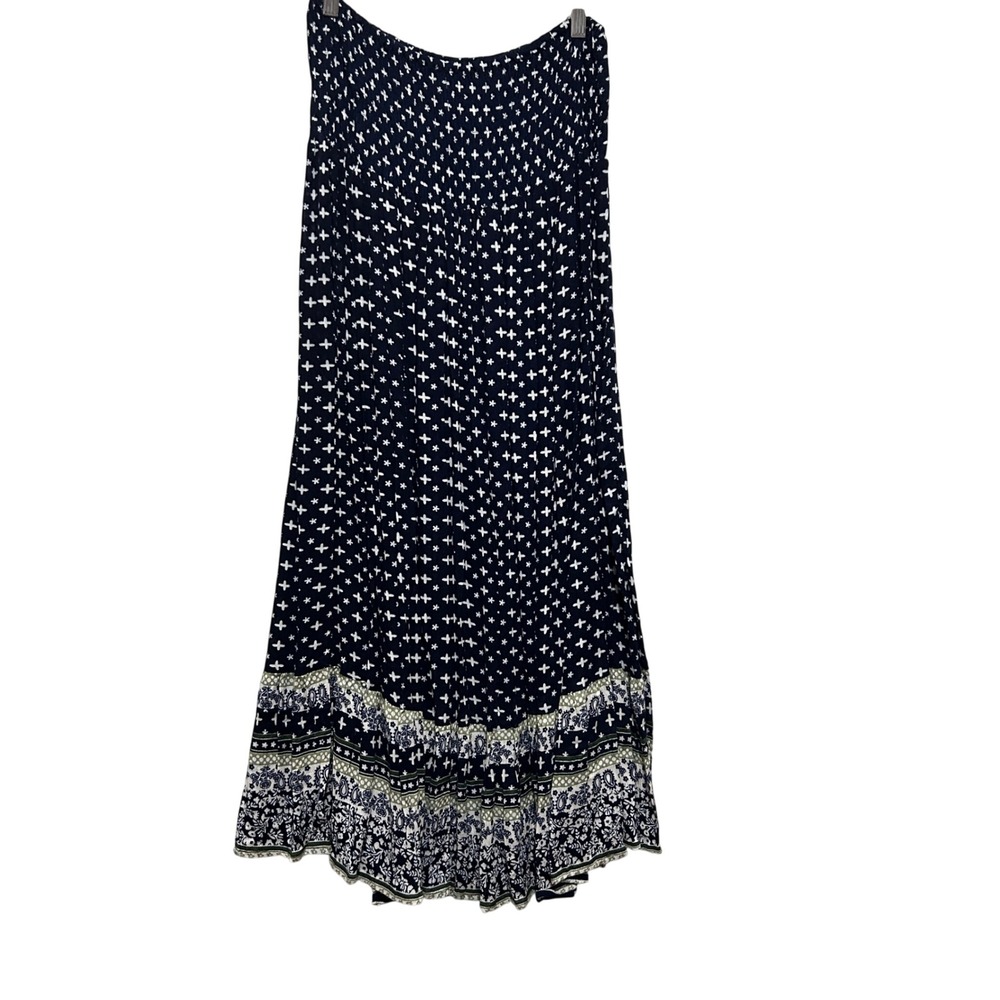 Cute Options Boho Chic Maxi Skirt Free Size Navy‎ Smocked Tiered Rayon Print